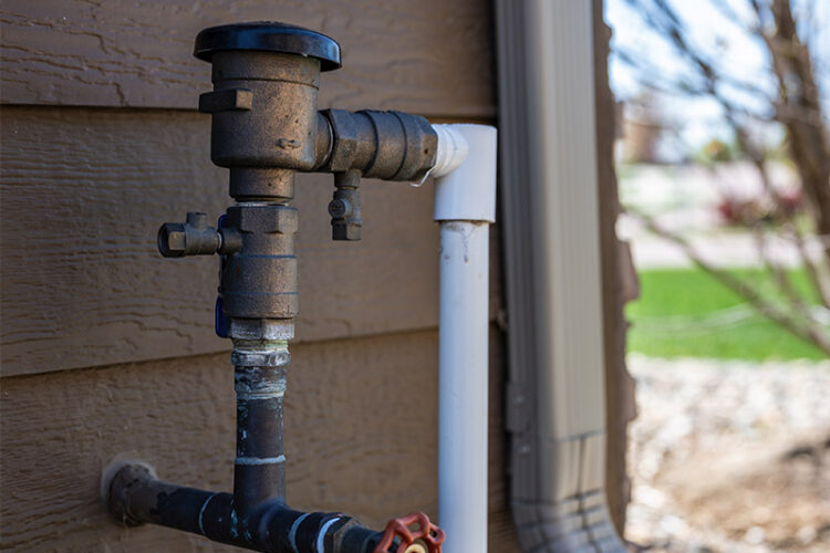 Irrigation system backflow preventer outside of residential home.