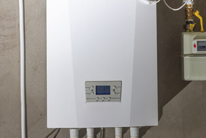Closeup of tankless water heater.