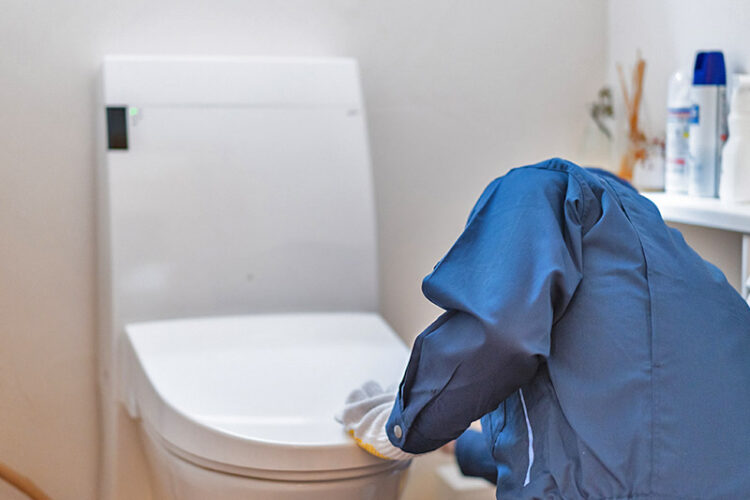 Plumber inspecting a broken toilet.