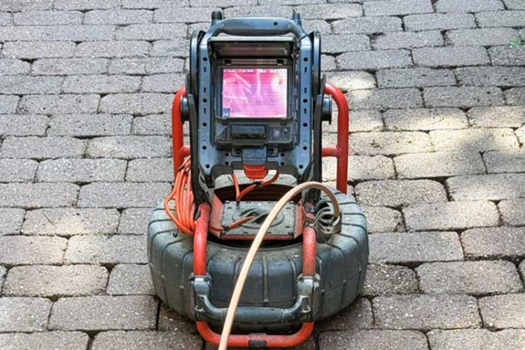 Closeup of a sewer line inspection video camera