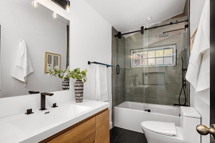 Modern, luxury bathroom with eco-friendly fixtures.