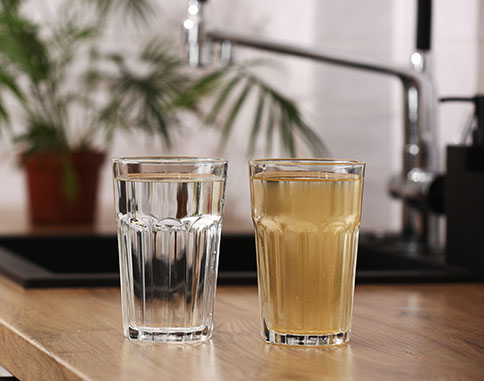Two glasses on table showing one with clean water and one with dirty water
