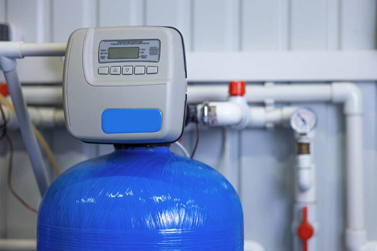 Blue water softener with button interface.