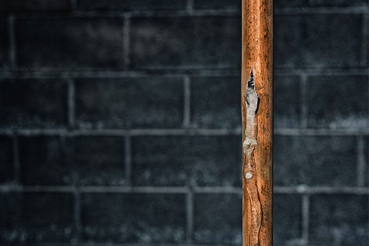 Image of a burst copper pipe with frozen water coming out of opening.