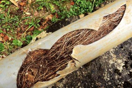 Tree roots throughout cracked sewer line.